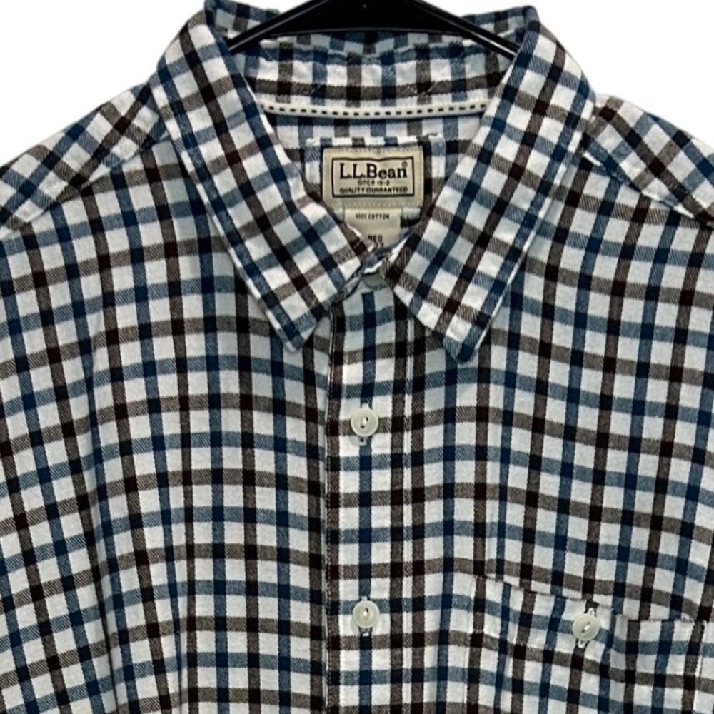 L.L.Bean Mens Plaid‎ Flannel Button Down L Shirt Long Sleeve Cotton Blue Brown